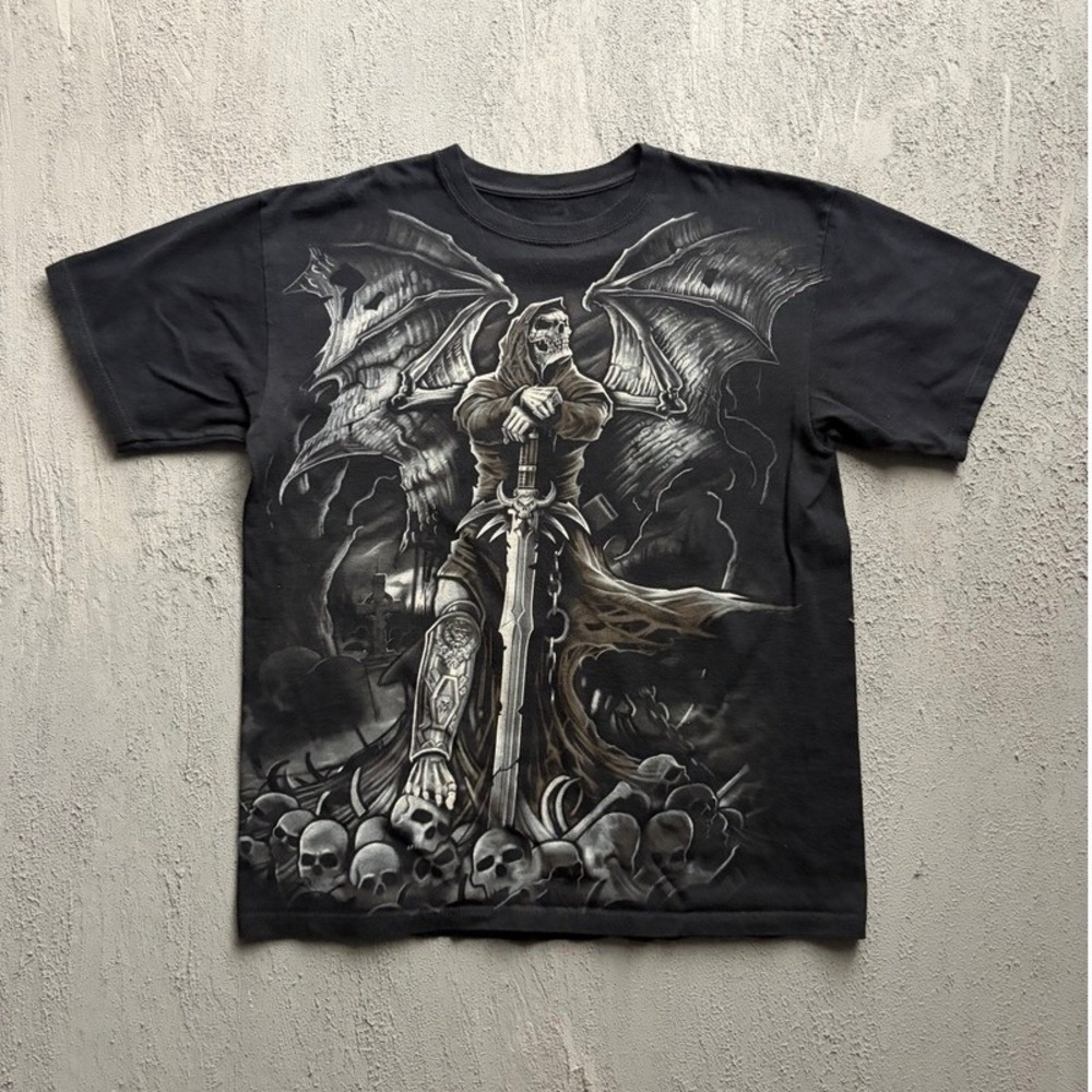 Vintage Liquid Blue Shirt Large Black 2007 Y2K Grim Reaper Skeleton Sword Goth